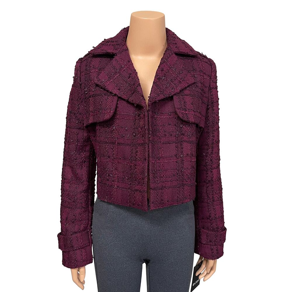 BCBG Textured Tweed Cropped Jacket Sz 4 XS $169 New Crimson Purple Red Blazer